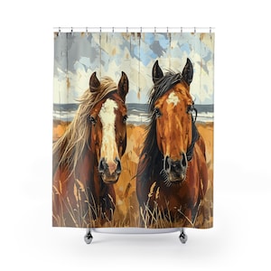 Wild Horses Shower Curtain | Beach Horses Shower Curtain | Rustic Equestrian Decor Shower Curtain | Bathroom Refresh Gifts | 71x74 Inch