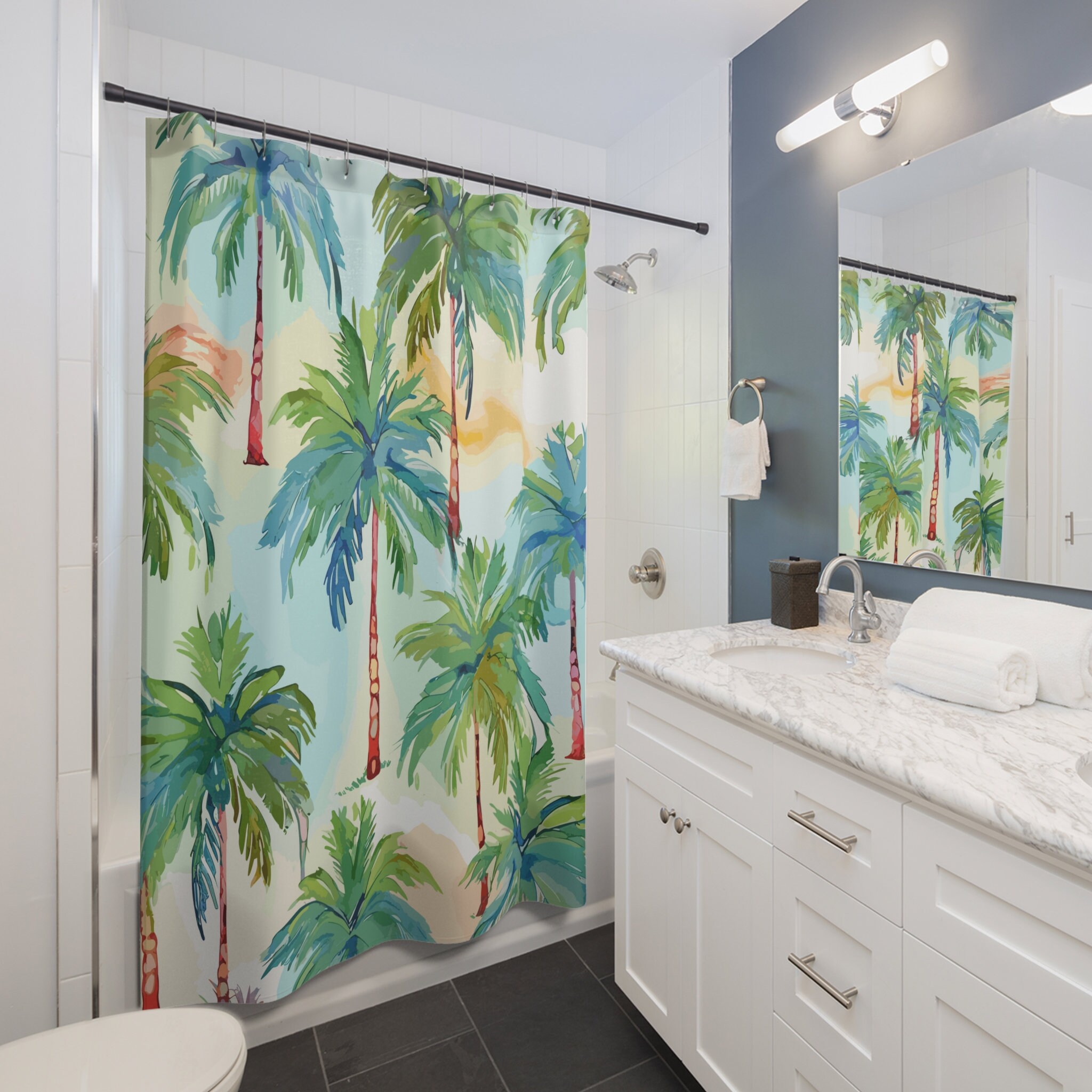 AXURXUI Tropical Beach Shower Curtain With Liner - No Hook Design, Hawaiian Palms Tree Pattern, 71" X 74"
