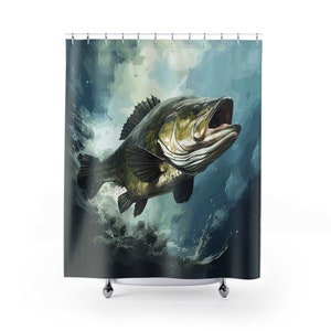 Forellenbarsch Duschvorhang | Süßwasserfisch Stil Duschvorhang | Haus am See Duschvorhang | Badezimmer erfrischen Geschenke | 180x180 cm groß