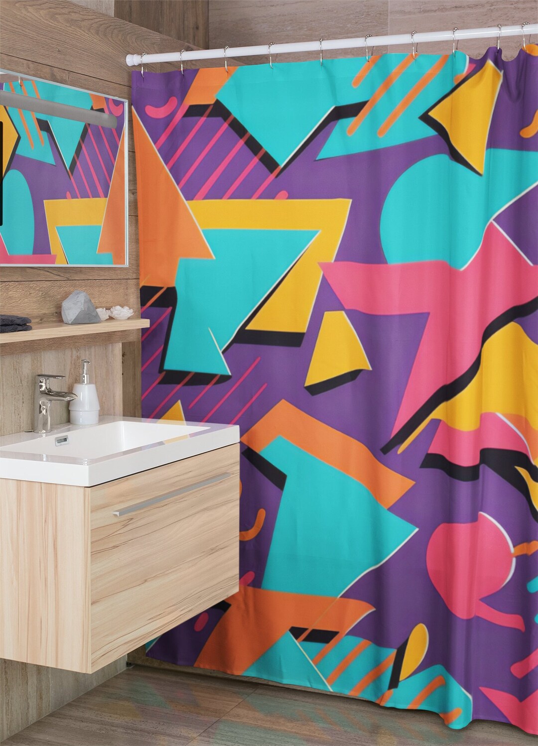 Retro 90s Print Shower Curtain Vintage Shower Curtain Colorful Shower