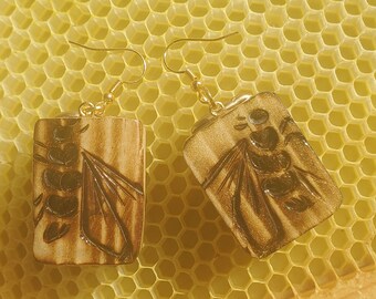 Artisan Upcycled Honey Bee Frame Earrings "Stop licking my ears"