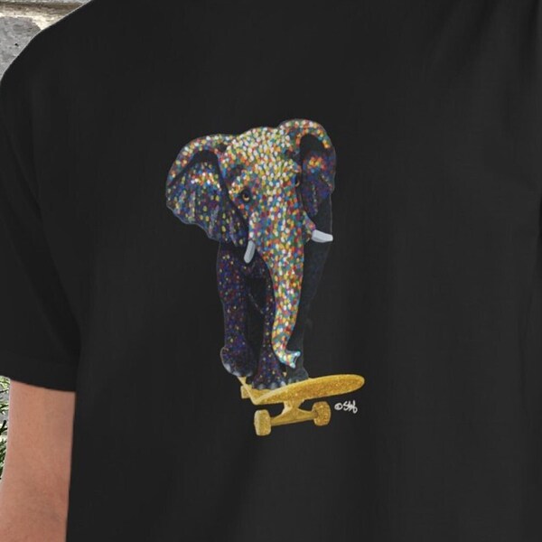 Baby Elephant on a Gold Bling Bling Skateboard | Organic Cotton Unisex Tee