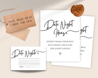 Date Night Ideas Cards and Sign | Printable Wedding Sign | Bridal Shower Games | Date Night Cards | DIY Sign