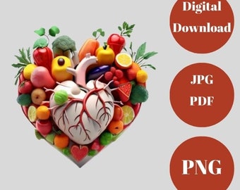 Rainbow Heart Art Print,Lifestyle Digital Art,Nutritious Food Heart Print, Instant Download, JPG/PDF/PNG, Fruits & Veggies Love Illustration
