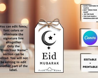 Aanpasbare Eid Mubarak Gift Tag - Minimalistisch Crescent Design - Bewerkbaar en afdrukbaar - Direct downloaden