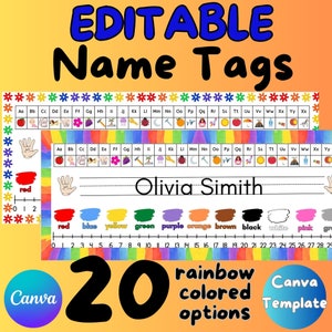 EDITIERBARE Namen Tags.Namensschilder Regenbogen, Namensschilder für die Schule editierbar, Back to School Desk Namensschild, Frühe Bildung Kinder Schreibtisch Label