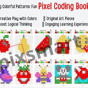Può includere: Un quaderno di lavoro stampabile con 10 motivi di pixel art per bambini. I motivi includono una ciliegia, una pera, un'anguria, una casa, una farfalla e altro ancora. Il quaderno è intitolato "Discovering Colorful Patterns: Fun Pixel Coding Book for Kids".