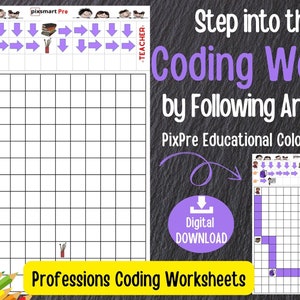 Op de afbeelding: Een printbaar codering werkblad voor kinderen met een raster met pijlen om te volgen. Het werkblad maakt deel uit van een set educatieve kleurplaten voor kinderen. De tekst op de pagina luidt "Step into the Coding World by Following Arrows: PixPre Educational Coloring Set".