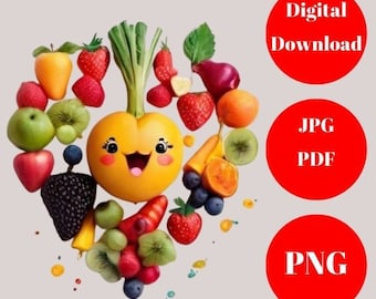 Colorful Fruit Characters Printable Art, Cheerful Kitchen Decor for Families, Whimsical Nutrition Wall Art, Happy Fruit Illustration