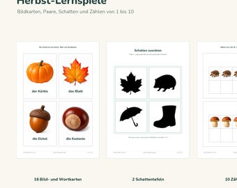 Fall Games: German Flash Cards, Memory Matching Game and Number Flashcards, A4 PDF