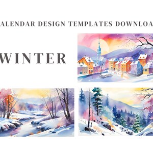 Peut inclure: Trois aquarelles représentant des scènes d'hiver. La première montre un village enneigé avec des maisons colorées et un clocher d'église. La deuxième montre une rivière serpentant à travers une forêt enneigée. La troisième montre une scène de montagne enneigée avec des pins et un lac au loin.