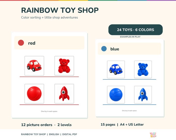 Featured listing image: Color Sorting and Pretend Play: English Toy Shop Printable with Color Matching