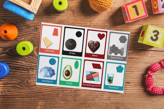 Druckbare Lernkarten für Kinder - Geometrische Formen lernen mit Alltagsgegenständen, Sofortiger Download, Kindergarten Lernmaterial