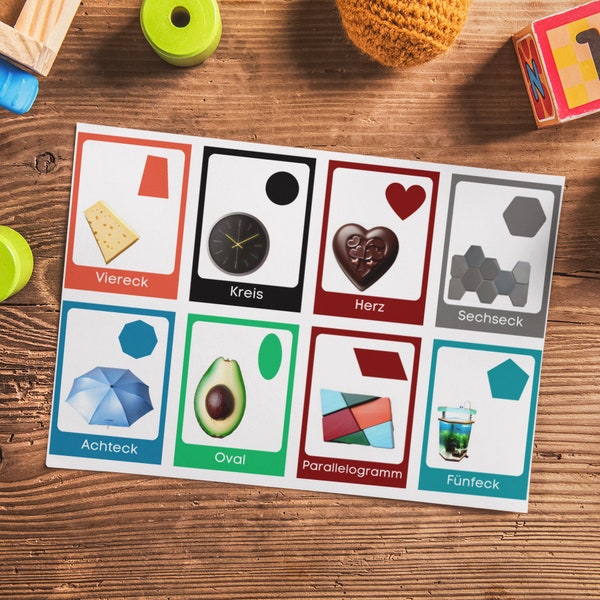 Druckbare Lernkarten für Kinder - Geometrische Formen lernen mit Alltagsgegenständen, Sofortiger Download, Kindergarten Lernmaterial