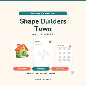 Könnte beinhalten: Ein druckbares PDF-Formenspiel mit dem Titel Shape Builders Town. Enthält 24 Teile, 6 Modelle und 2 Schwierigkeitsstufen auf 14 Seiten in A4 und US Letter. Mit einer farbigen Hausillustration und geometrischen Formumrissen zum Zuordnen und Bauen.