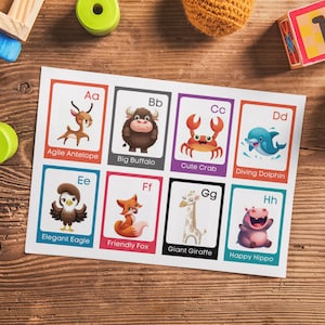 ABC Animal Alphabet Flashcards - Lebendige und lehrreiche, wunderliche Illustrationen für Kinder. Digitaler Download.