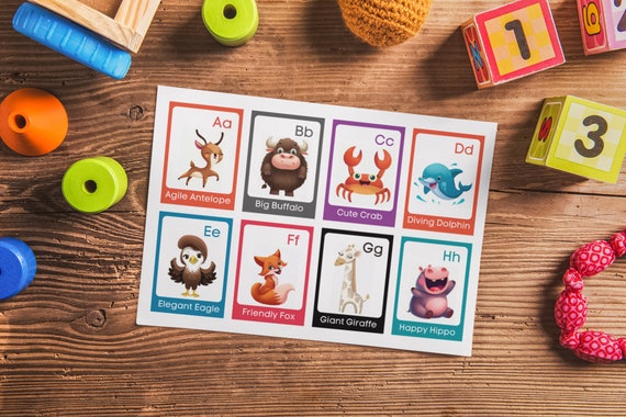 ABC Animal Alphabet Flashcards - Vibrant & Educational, Whimsical Illustrations for Kids. Digital Download.