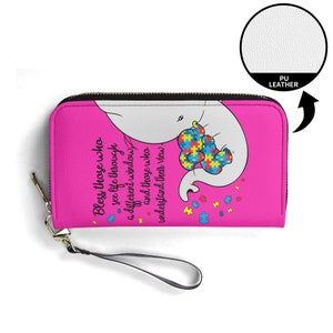 Cartera larga con cremallera: elefante sobre fondo rosa que concientiza sobre el autismo