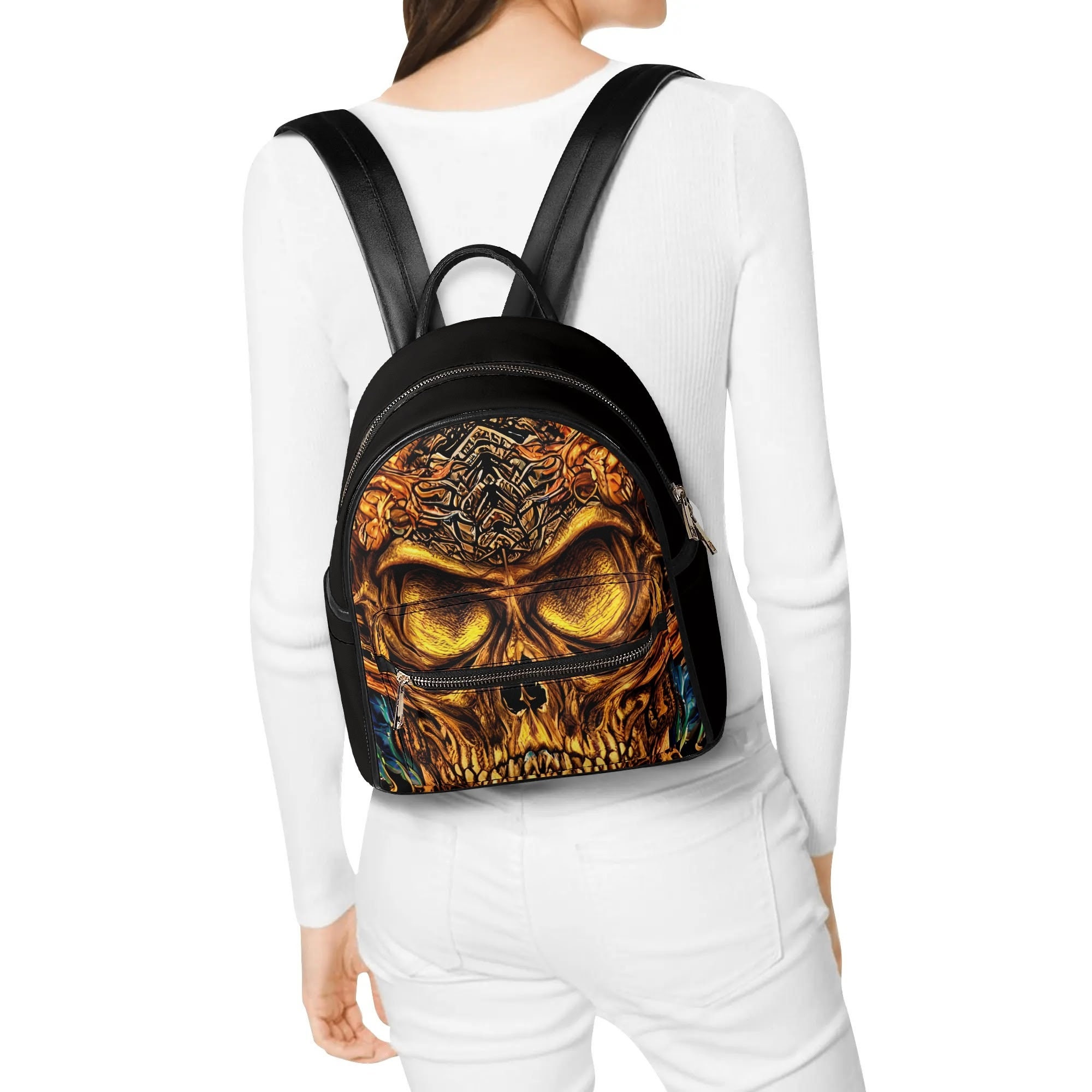 5648 Black Skull Mini Backpack Casual PU Leather Backpack Work Daypack Amazon.com: SMALLBLUER 3D Relief Skull Backpack Steam Punk  main image 4
