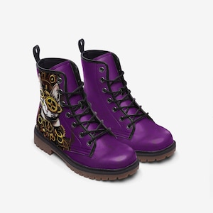 Unisex Fit Steampunk Kitty Purple Casual Leather Lightweight Boots