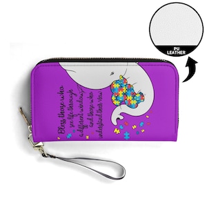 Cartera larga con cremallera - Elefante morado que concientiza sobre el autismo