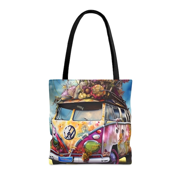 Whimsical Volkswagon Bus Retro VW Camper with Flowers Tote Bag