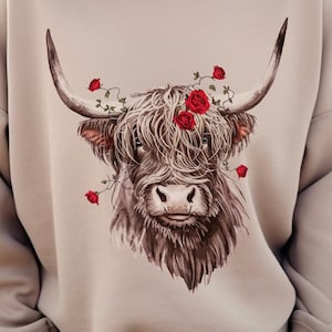 Floral Highland Cow Sweatshirt: Western Bull Roses Country Top