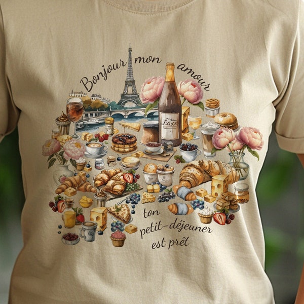 Französisches Frühstück Geschenk Shirt für Ihren Paris Urlaub 2024, Bonjour Mon Amour, Surprise France Trip Top, Eiffelturm Blick, Frühstück in Paris