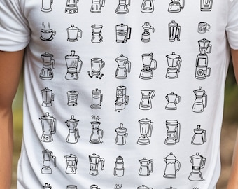 May include: A white t-shirt with a black and white illustration of various coffee makers. The illustration includes a variety of styles, including percolators, French presses, and espresso machines.