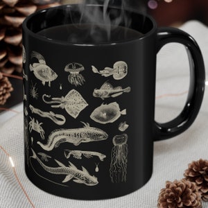 Vintage Fish Gift Mug, Antique Sea Creatures on Black Mug, Fisherman gift, Marine Life and Seafood Illustrations Nautical Retro Fish Design