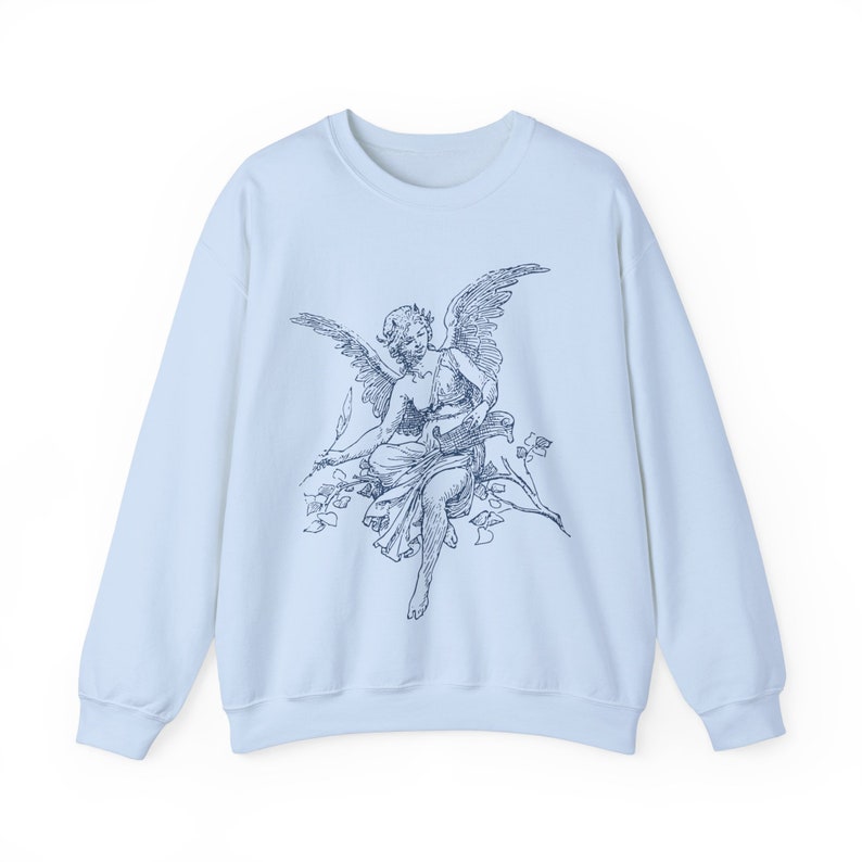 Vintage Angel Cherub Sweatshirt, Christian Religious Sweater, Artistic Designer Aesthetic, Angel Graphic Gift for Artists & Believers Light Blue