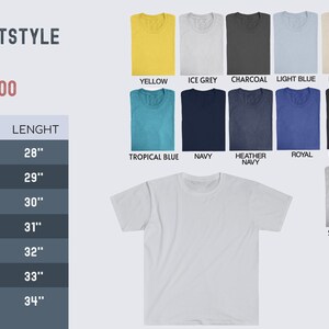 May include: A size chart for Gildan 64000 unisex softstyle t-shirts. The chart shows the size, width in inches, and length in inches for sizes S through 4XL. The chart is next to a display of 15 folded t-shirts in various colors, including yellow, ice grey, charcoal, light blue, natural, brown, tropical blue, navy, heather navy, royal, dark grey, black, sport grey, red, and military green.