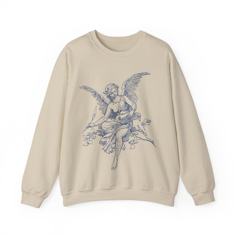 Vintage Angel Cherub Sweatshirt, Christian Religious Sweater, Artistic Designer Aesthetic, Angel Graphic Gift for Artists & Believers Sand