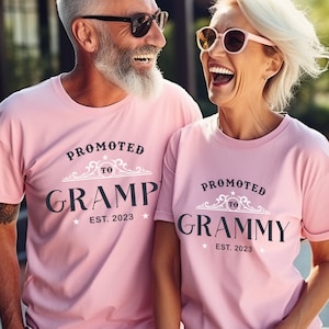 Baby Announcement Shirt, Gift For Grandparents, Promoted to Grammy Shirt, Promoted to Grampy T-Shirt, Grandma Grandpa EST Custom Text Tee