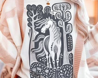 Rustic Horse Woodcut Tee, Equestrian Linocut Print, Cowboy Rodeo T-Shirt, Free Spirit Stallion Top, Horse Lover Gift, Cowgirl Vacation Tee