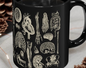 人体の骨のマグカップ、医療イラストギフト、科学スタイルの解剖学アート、美学教育複雑、詳細なヴィンテージ解剖学