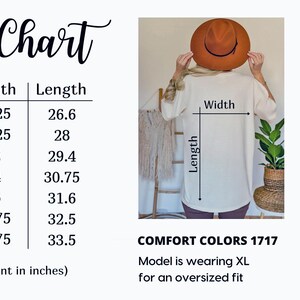 Puede incluir: Tabla de tallas para una camiseta blanca de gran tama&ntilde;o con medidas en pulgadas. La tabla muestra las medidas de ancho y largo para las tallas S a 4XL. La modelo lleva la talla XL. La tabla tambi&eacute;n incluye una tabla de colores con 12 opciones de colores diferentes.