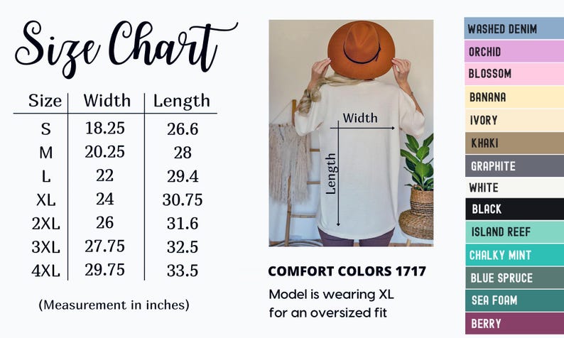 Puede incluir: Tabla de tallas para una camiseta blanca de gran tama&ntilde;o con medidas en pulgadas. La tabla muestra las medidas de ancho y largo para las tallas S a 4XL. La modelo lleva la talla XL. La tabla tambi&eacute;n incluye una tabla de colores con 12 opciones de colores diferentes.