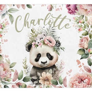 Panda Custom Blanket, Cute Baby Panda Gift, Flowers Name Blanket, Floral Safari Baby Shower Gift, Custom Name Text, Personalization Bedding