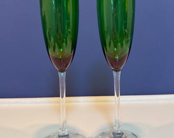 Vintage Lenox Holiday Gems Emerald Green Champagne Glasses (2) Handblown