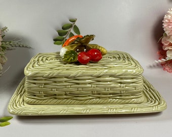 Vintage Lefton Butter Dish Vegetables Ceramic Basket Weave Rare Kitchen Antique 1960s 1970s Sage Green Beige Off Yellow Gifts Collector Item