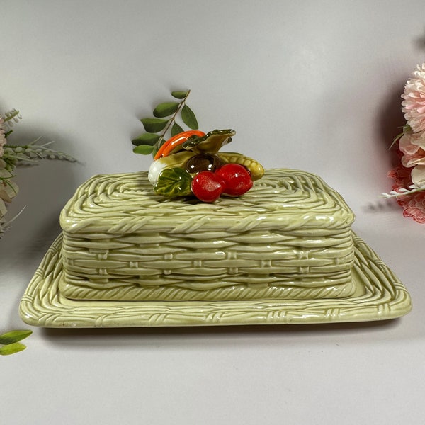 Vintage Lefton Butter Dish Vegetables Ceramic Basket Weave Rare Kitchen Antique 1960s 1970s Sage Green Beige Off Yellow Gifts Collector Item