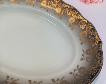 Vintage Eberthal Serving Platter Oval W. Germany Porcelain Gold & Black Floral Dark Moody Academia
