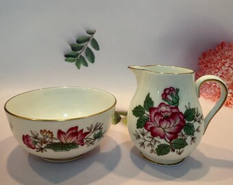 Vintage Wedgwood Ceramic Creamer & Sugar Bowl Charnwood England Porcelain Peony Florals Gold Trim