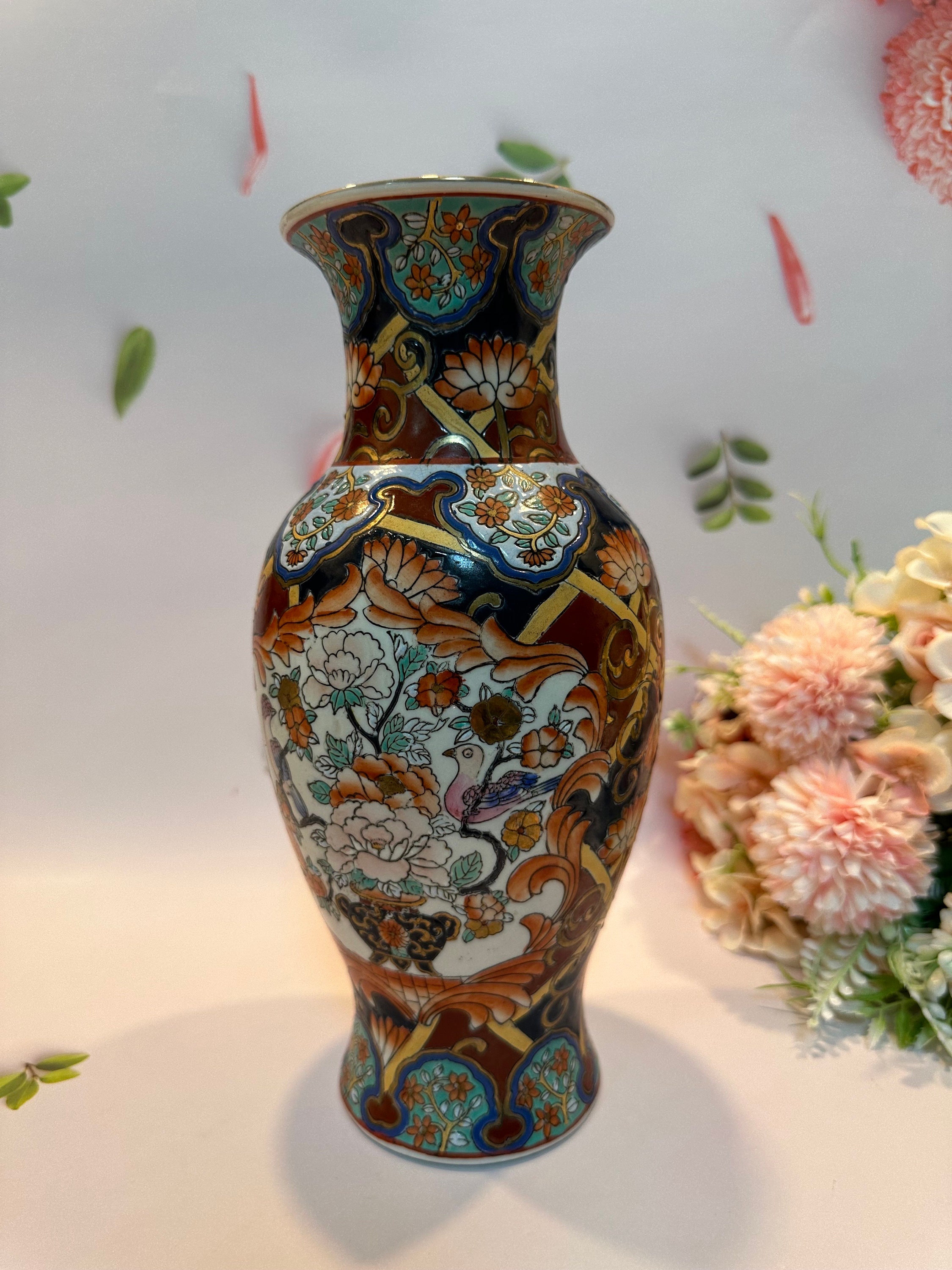 Antique Tall Asian Vase Famille Rose Hand-painted Birds Nature