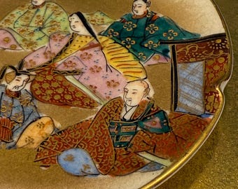 Antique Japanese Satsuma Plate Meiji Period Signed Shuzan, Hand Painted Imperial Court Scene Cabinet Plate 19th Century
