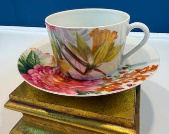 Vintage Limoges 1986 Bill Goldsmith “Alice” Coffee Tea Mug Saucer Set Florals