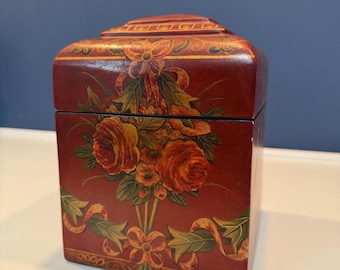 Vintage Large Lidded Trinket Box - Red florals with Bows