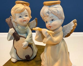 Vintage Porcelain Musical Angel Figurines Pair - Glazed Ceramic Cherubs with Gold Halos & Instruments  Mid-Century Christmas Holiday Decor