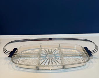 Vintage Mid-Century Clear Glass Divided Relish Dish with Art Deco Chrome Carrier Handle – 4-Compartment Starburst Serving Tray Platter